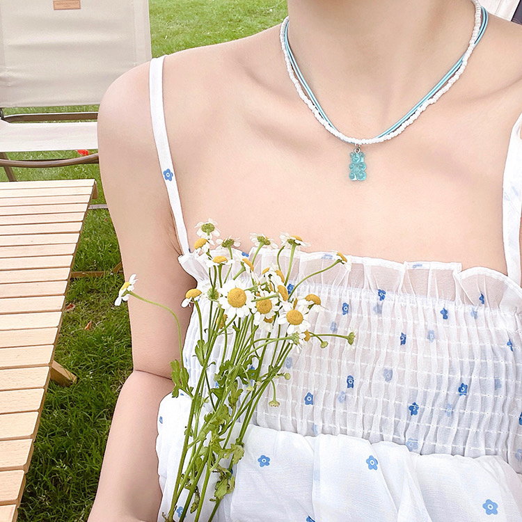 สร้อยคอหมีเยลลี่แบร์สีสันสดใสสวยหวานน่ารักลูกปัดขาวเวอร์ชั่นญี่ปุ่นและเกาหลี