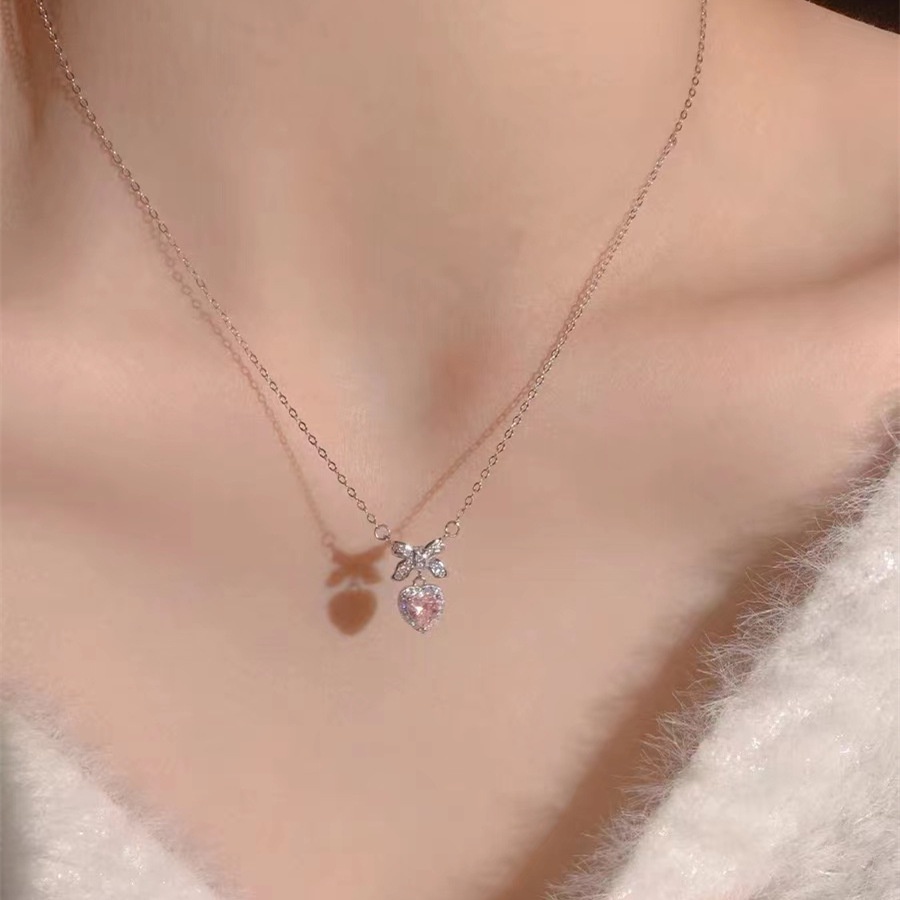 สร้อยคอเงิน พร้อมจี้โบว์ รูปหัวใจ ประดับเพชร สีชมพู