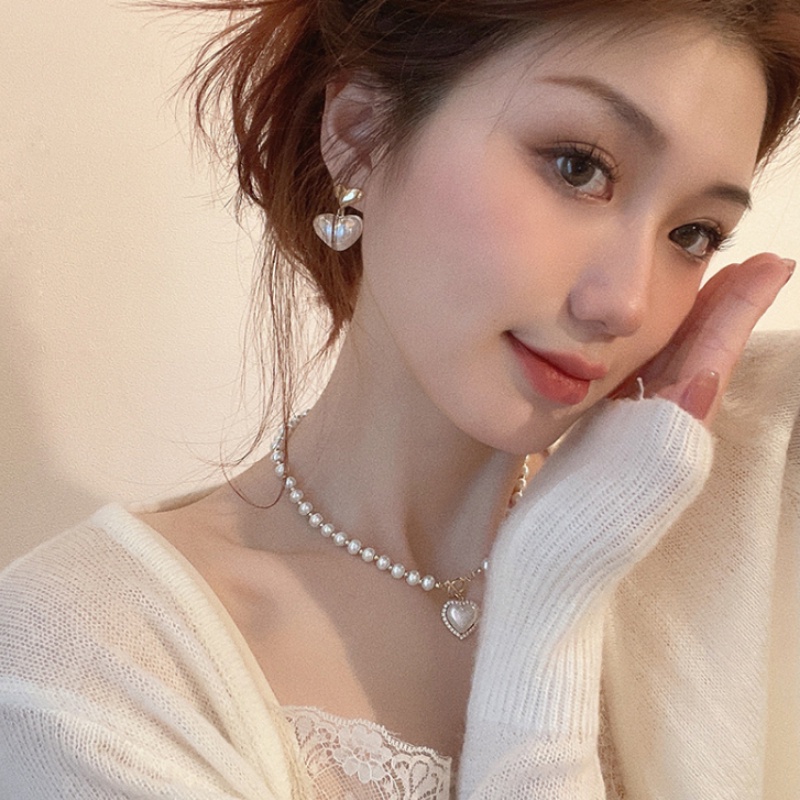 สร้อยคอโซ่ จี้หัวใจ ประดับมุก เพทาย เพชร สไตล์เกาหลี เครื่องประดับแฟชั่น สําหรับผู้หญิง