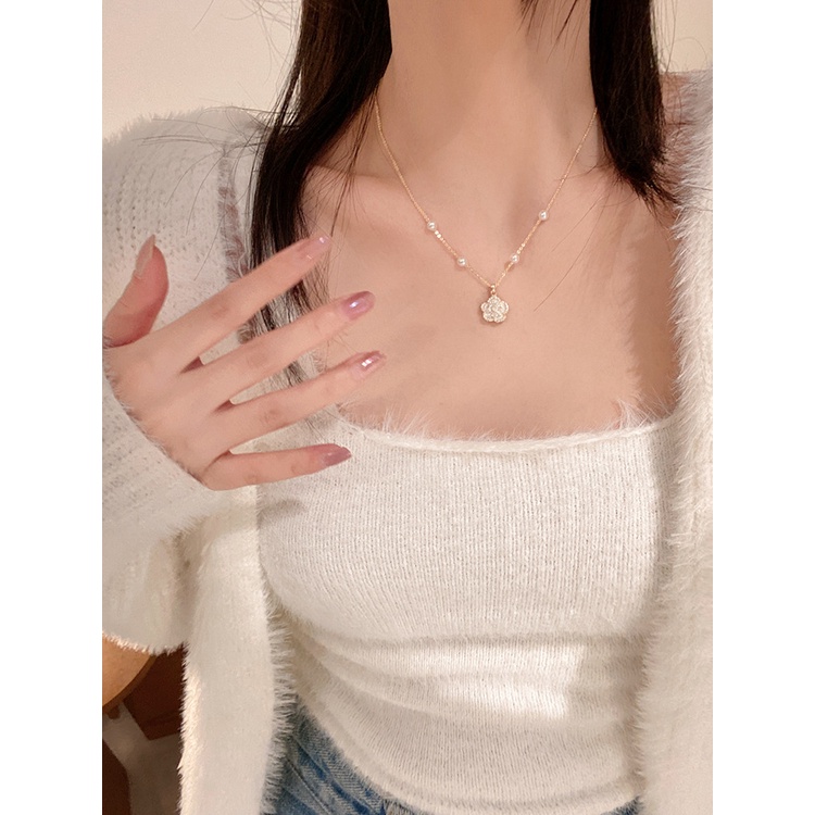 สร้อยคอโซ่ ประดับไข่มุก ดอกคามิเลีย หรูหรา สําหรับผู้หญิง