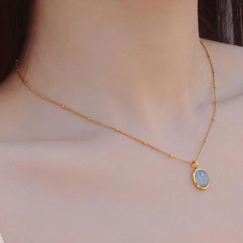 สร้อยคอโซ่ เหล็กไทเทเนียม ชุบทอง 18K จี้คริสตัล โอปอล อความารีน สําหรับผู้หญิง