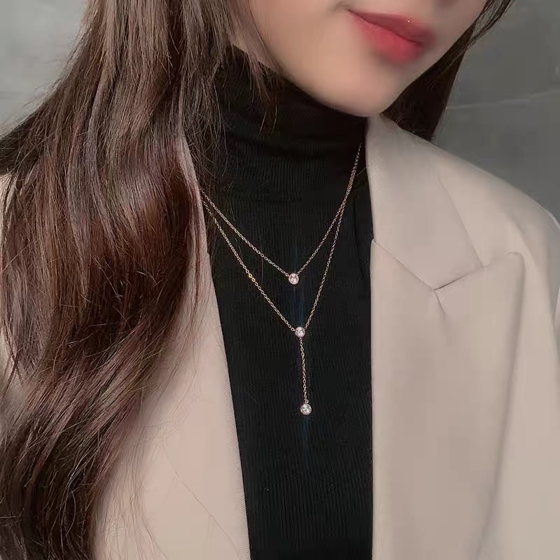 สร้อยคอโซ่เหล็กไทเทเนียม สองชั้น เรียบง่าย เครื่องประดับแฟชั่น สําหรับผู้หญิง