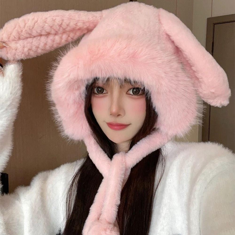 หมวกบักเก็ต ผ้าวูล แต่งหูกระต่าย ขนาดใหญ่ ให้ความอบอุ่น แฟชั่นฤดูหนาว สําหรับผู้หญิง