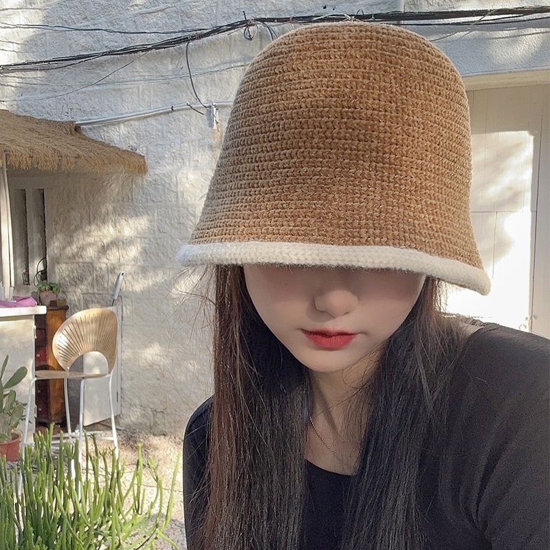 หมวกบักเก็ต หมวกไหมพรม มีขอบสี ทรงสวย สไตล์เกาหลี