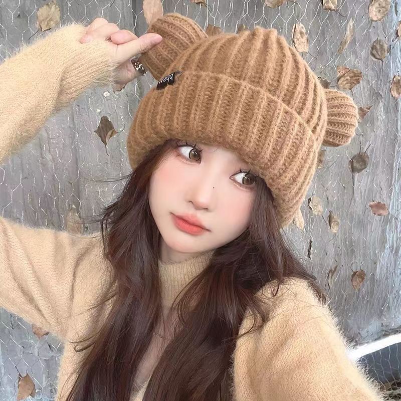 หมวกบีนนี่ ผ้าขนสัตว์ถัก แต่งหูแมว ลายหูหมี และตัวอักษร เข้ากับทุกการแต่งกาย สไตล์สตรีท