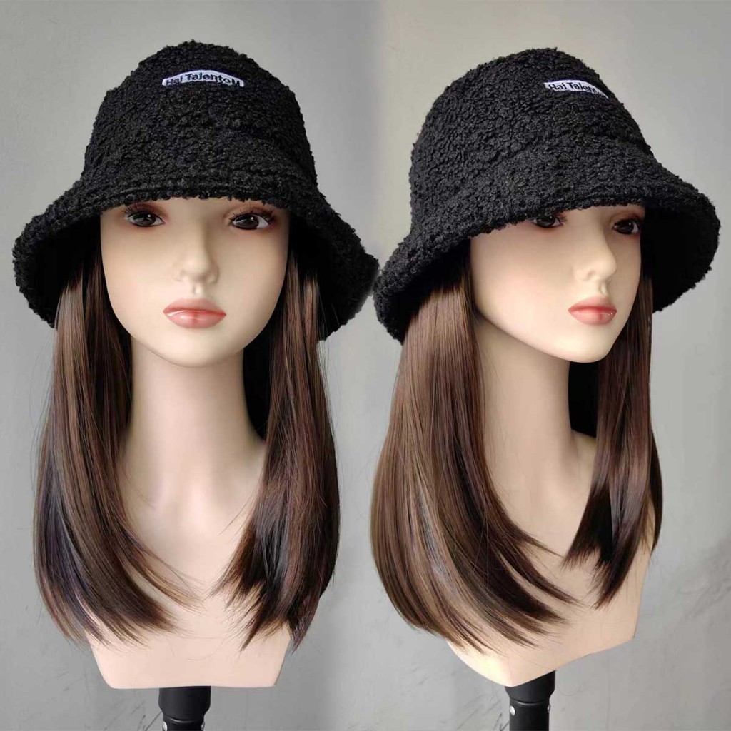 หมวกวิกผมกากี ผมยาวตรง 30cm ผมสีน้ำตาลเย็น ถอดไม่ได้ สวมใส่ง่าย