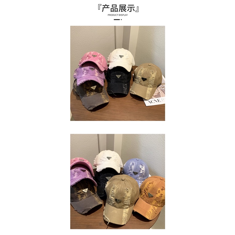 หมวกเบสบอล ปีกกว้าง ขนาดใหญ่ แต่งรอยขาด สีชมพู สไตล์เรโทร สําหรับผู้หญิง