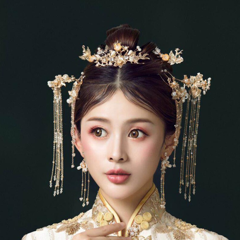 เครื่องประดับผมเจ้าสาวสีแดงสไตล์จีนย้อนยุคสําหรับผู้หญิง