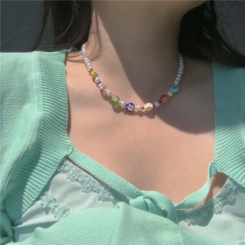 เครื่องประดับผู้หญิงสร้อยคอโชคเกอร์แฟชั่นที่มีสีสันตกแต่งลูกปัดดอกไม้