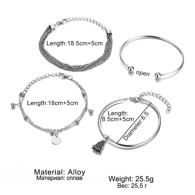 เครื่องประดับสร้อยข้อมือกําไลข้อมือโลหะสีเงินสไตล์โบฮีเมียน 4 ชิ้น/ชุด 2020