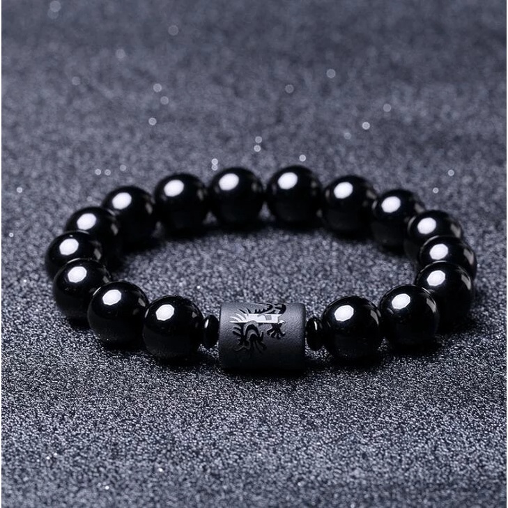 เครื่องประดับโยคะผู้ชายผู้หญิงสร้อยข้อมือลูกปัดสีดํารูปมังกรสีดํา
