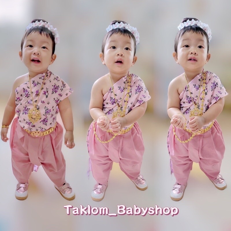 เซทสร้อยต่างหูพลอยชมพู เครื่องประดับชุดไทยเด็ก