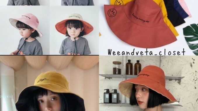 หมวกบักเกตเด็ก/ผู้ใหญ่ ใส่คู่แม่ลูก (ปักลายยิ้ม)