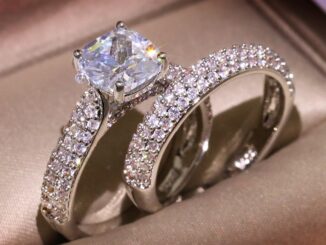 แหวนเพชรแต่งงาน 2 ชิ้น / ชุดที่สวยหรูเงิน 925 ฝังคริสตัลเพทายสตรี