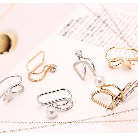 1 ชิ้น(1pcs) คลิปหู Ear Clip Cuff Pearl Star No Piercing Earring Women DDE51