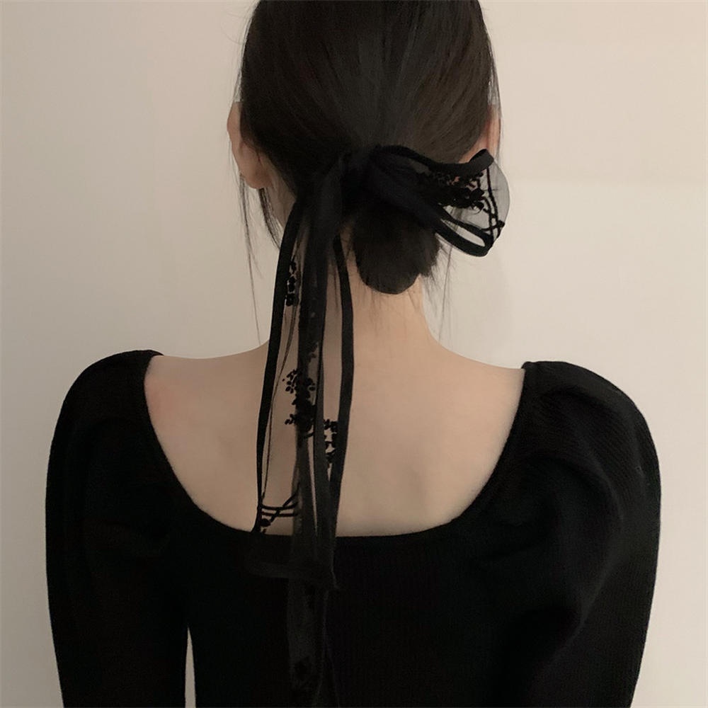 50843 ที่คาดผม ประดับโบว์ ดอกไม้ สีดํา เครื่องประดับผม
