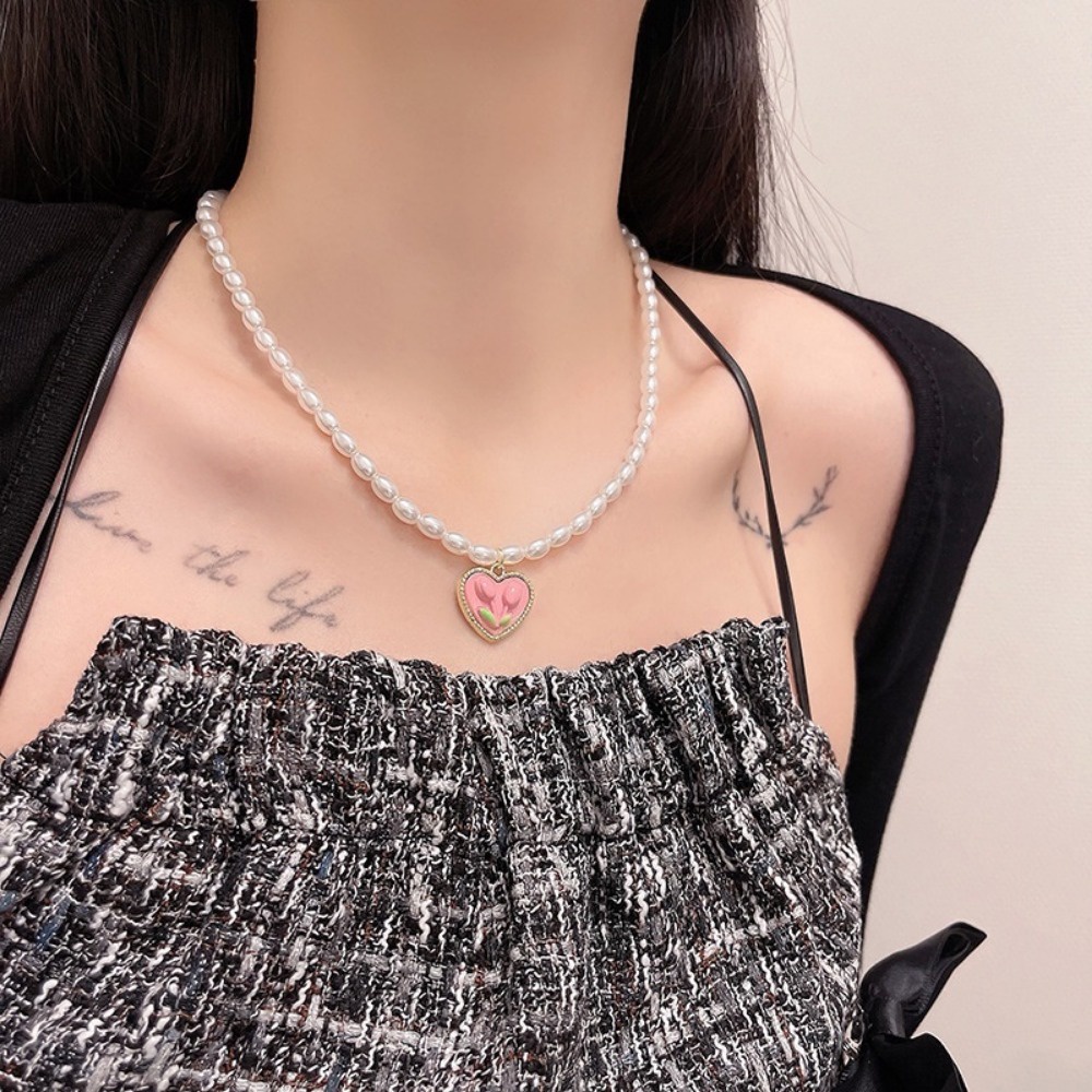 A HELLO GIRL สร้อยคอ ต่างหูสตั๊ด จี้รูปดอกทิวลิป หัวใจ ประดับไข่มุก หรูหรา สําหรับผู้หญิง
