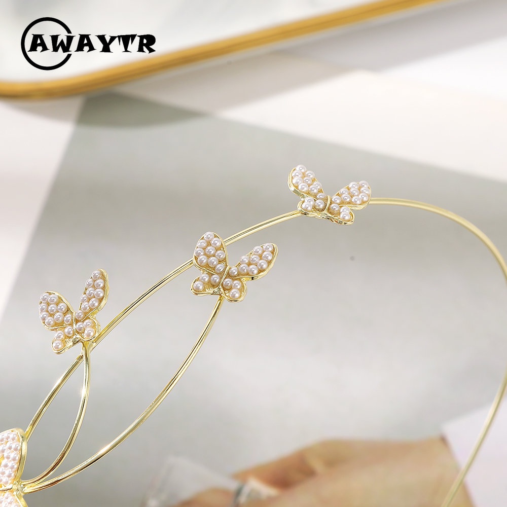 Awaytr ที่คาดผม โลหะผสม ประดับไข่มุก ผีเสื้อ เครื่องประดับ แฟชั่นใหม่ สําหรับผู้หญิง