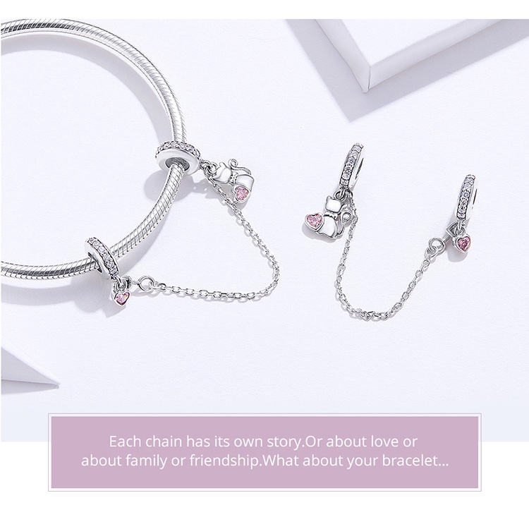 BAMOER 925 Sterling Silver Cat Heart Safety Chain with Silicone Charm