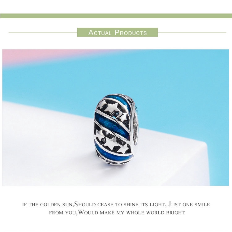 BAMOER Spacer Beads fit Women Bracelet Bangles DIY Genuine 925 Sterling Silver Sparkling Star Blue Enamel SCC636