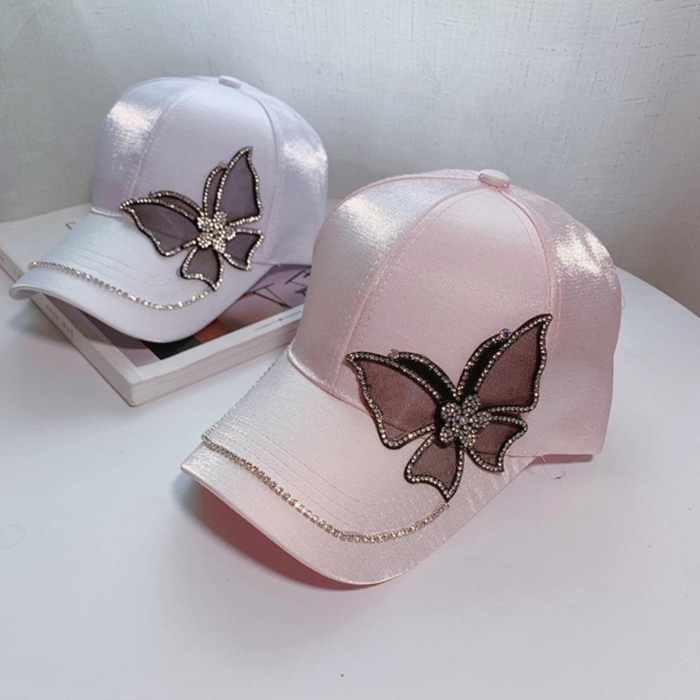 Camelli หมวกเบสบอล ลายผีเสื้อ ประดับเพชร ปรับขนาดได้ กันแสงแดด สไตล์ฮิปฮอป โฟร์ซีซั่น