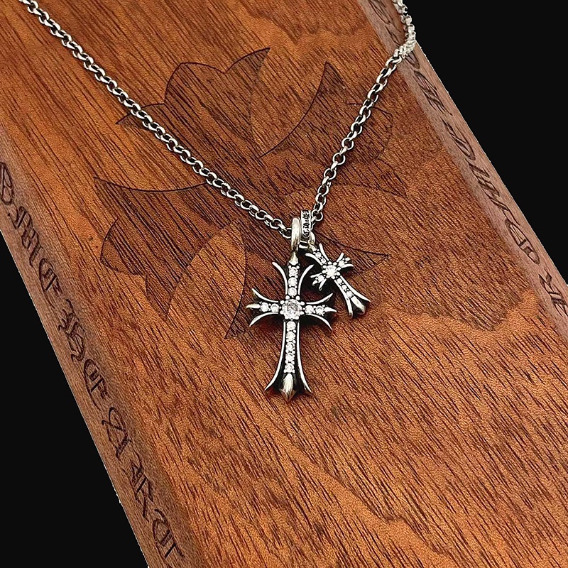 Chrome HEARTS สร้อยคอเงินสเตอร์ลิง 925 จี้ไม้กางเขนคู่ หรูหรา สไตล์พังก์ วินเทจ