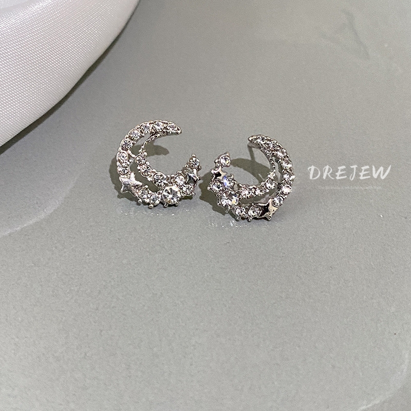 DREJEW  ต่างหูเพชร 925 รูปดวงจันทร์ ดาวห้าแฉก หรูหรา เรียบง่าย ใช้แล้วไม่แพ้ อเนกประสงค์
