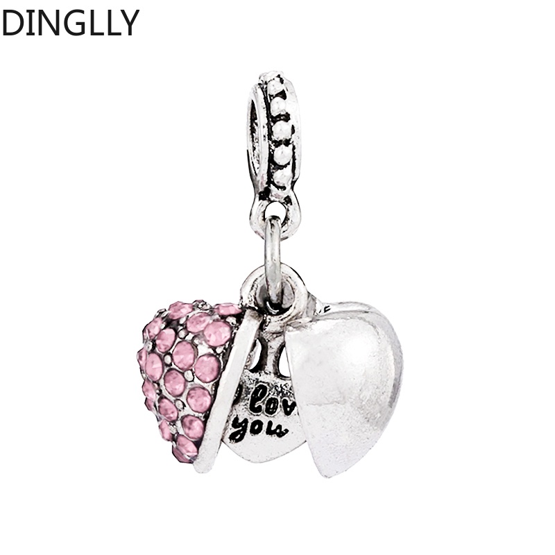 Dinglly จี้รูปหัวใจ โลหะผสม สีเงิน เคลือบและพลอยเทียม สีชมพู สําหรับทําเครื่องประดับ Diy