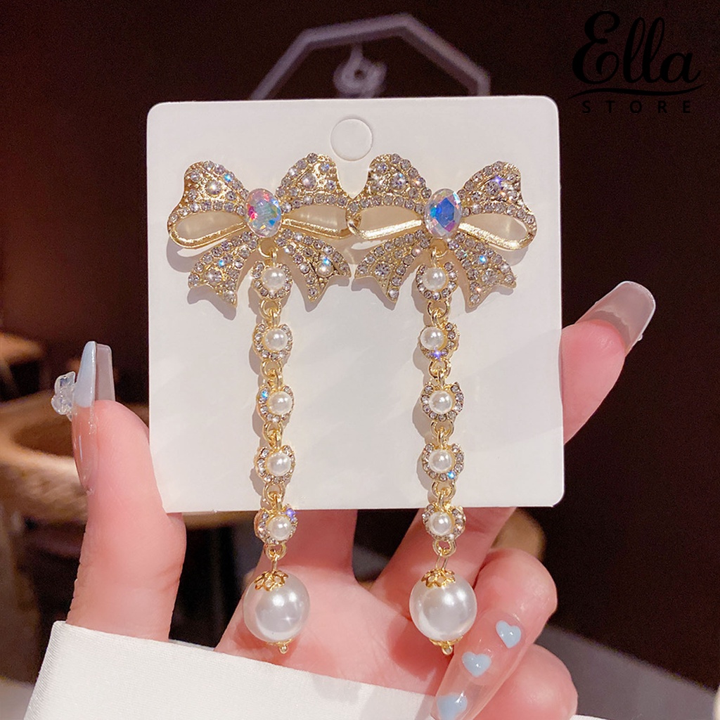 Ellastore123 ต่างหูระย้า รูปโบว์ ประดับไข่มุกเทียม พลอยเทียม 1 คู่