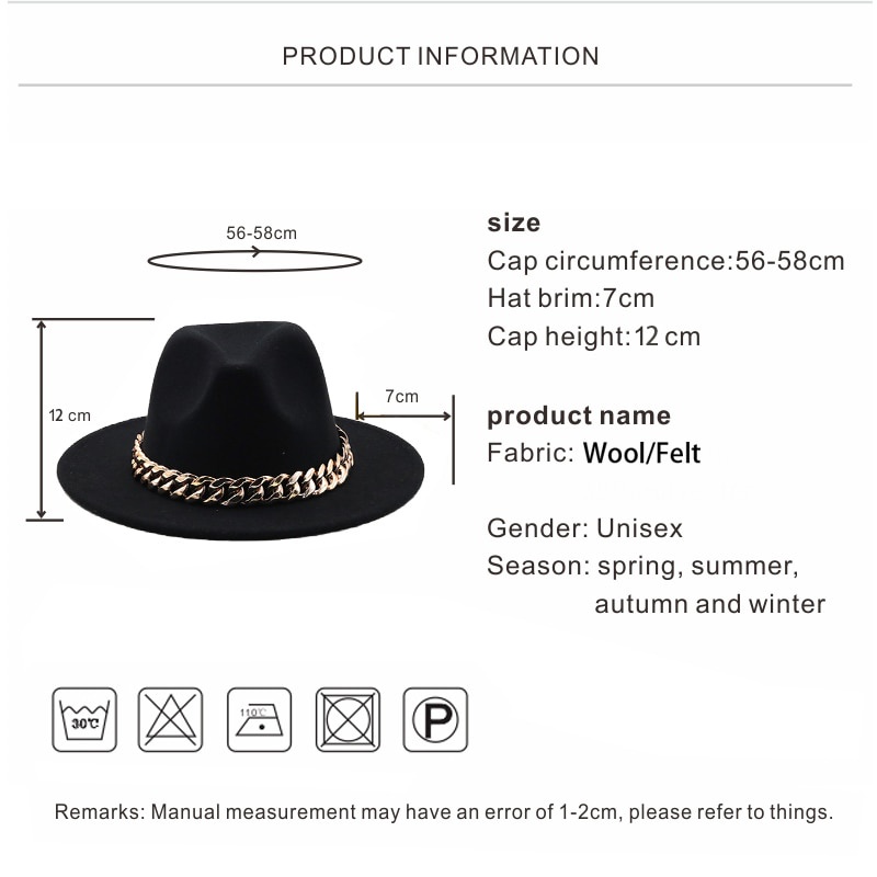 Fedora หมวกปีกกว้าง หนา สายโซ่ สีทอง แฟชั่นฤดูใบไม้ร่วง ฤดูหนาว สําหรับผู้หญิง และผู้ชาย