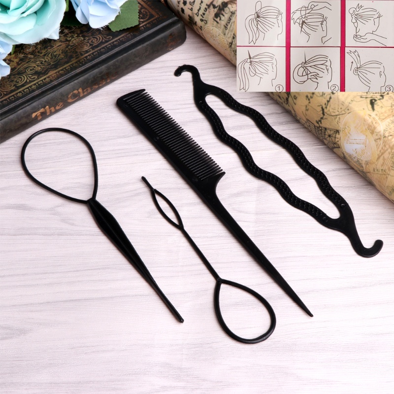 Flgo 4 ชิ้น / เซต พลาสติก สีดํา DIY เครื่องมือจัดแต่งทรงผม ดึง กิ๊บติดผม สําหรับผู้หญิง กิ๊บหวี