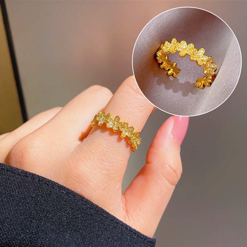 Jewelry แหวนทองฝังเพชรทองชุบสำหรับผู้หญิง ปรับขนาดได้
