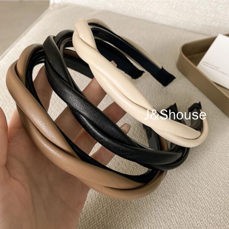 Kf492 ที่คาดผม หนัง PU สีพื้น สไตล์เกาหลี