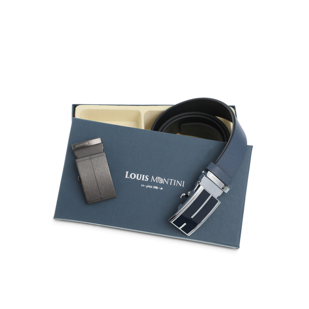 Louis Montini Boxset เข็มขัดหนังแท้ หัวออโต้เมติก 2 หัว ชุดกิ๊ฟเซ็ท Gift Set 2 Buckles Belt LM-BGS