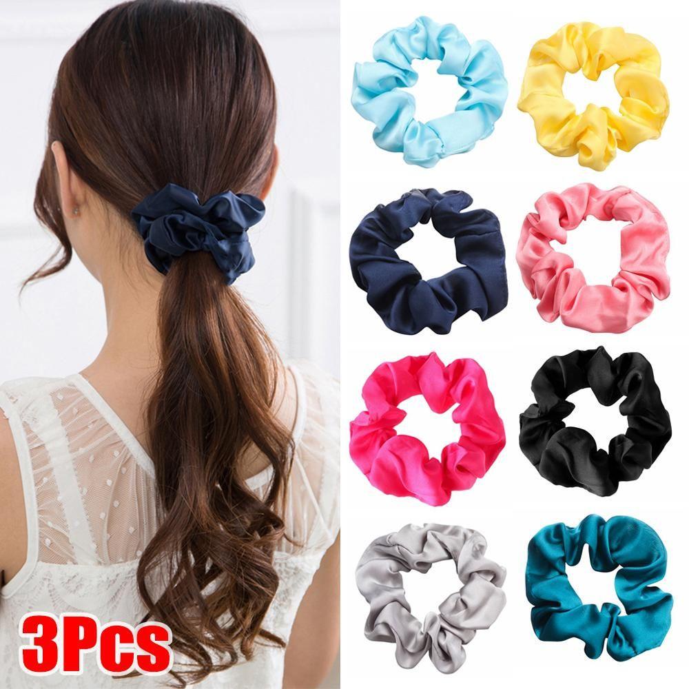 Okdeals ยางมัดผมหางม้า ผ้าซาติน สีสดใส 3 ชิ้น