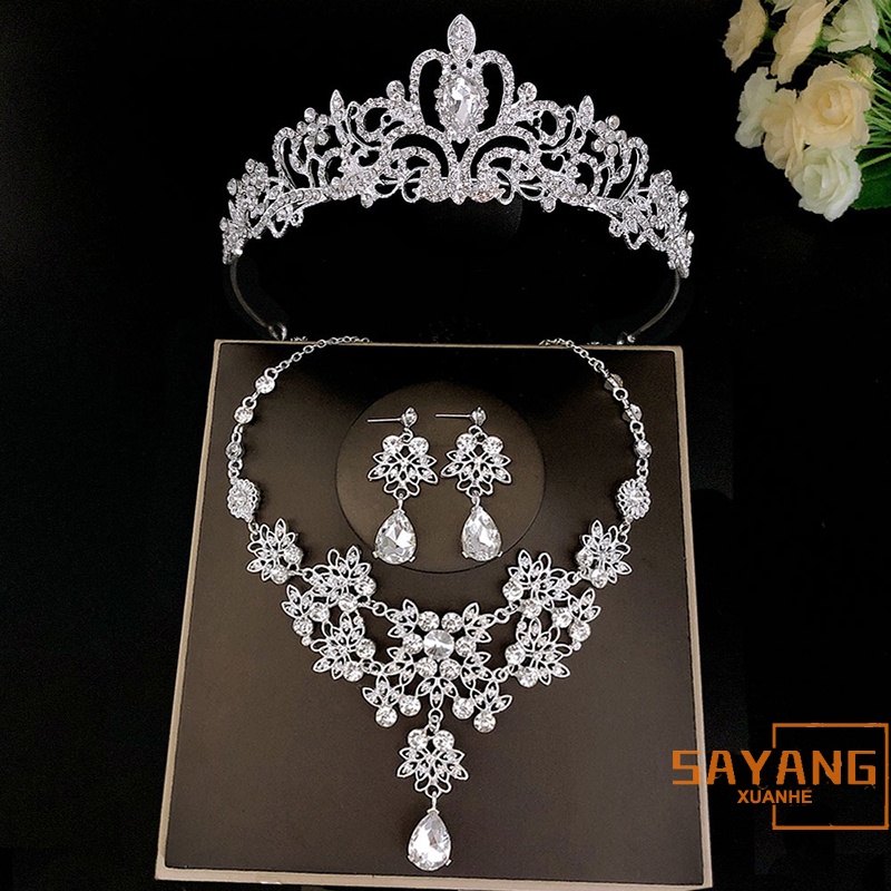 X-H 3pcs/set ชุดมงกุฎเจ้าสาว มงกุฎคริสตัล พร้อมต่างหู แฮนด์เมด หรูหรา สําหรับงานพรอม ปาร์ตี้