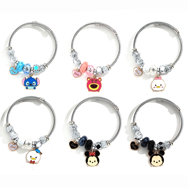 XiaoboACC สร้อยข้อมือ สเตนเลส ประดับลูกปัด ลายการ์ตูนหมี สตรอเบอร์รี่ ไม่จางหาย DIY