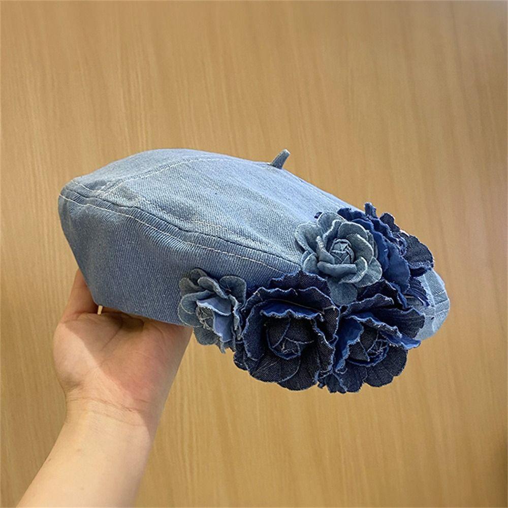 Xueshan หมวกเบเร่ต์ลําลอง ผ้าฝ้าย ลายดอกไม้ ดอกคามิเลีย สีตัดกัน แฟชั่น