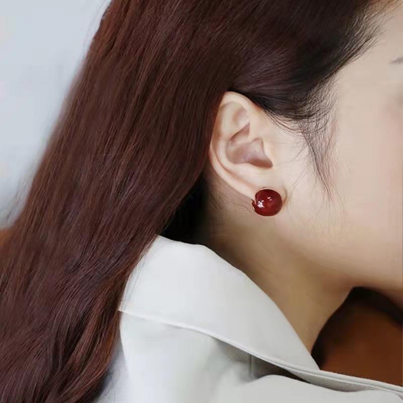 [YY] ต่างหู ทรงกลม สองด้าน เรียบง่าย สีแดง เครื่องประดับ สําหรับผู้หญิง