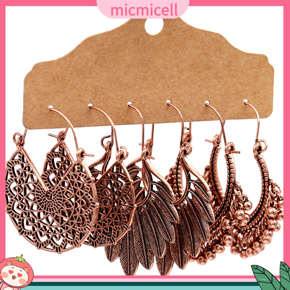 (micmicell) ต่างหูตะขอ ห้อยจี้ขนนก ทรงกลม สไตล์โบโฮ ยิปซี เครื่องประดับสตรี 3 คู่