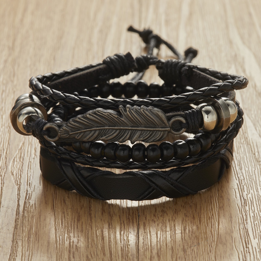 ชุดสร้อยข้อมือหนังถัก ประดับลูกปัดไม้ ทรงสี่เหลี่ยม หลายชั้น สําหรับผู้ชาย