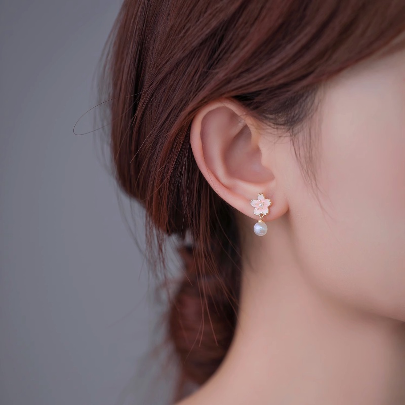 ต่างหูสตั๊ด เงิน S925 จี้รูปเชอร์รี่ และดอกไม้ สําหรับผู้หญิง