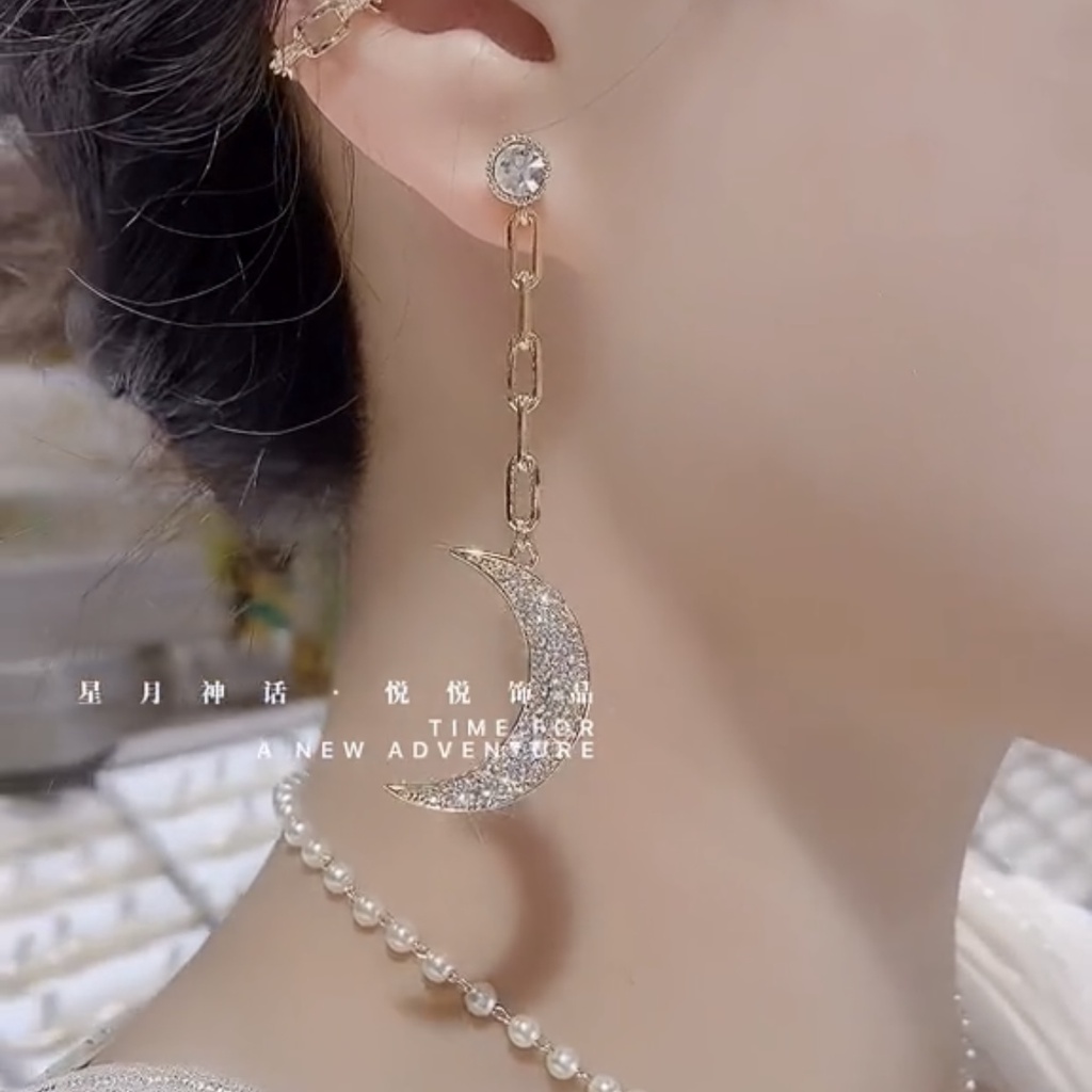 ต่างหูเข็มเงิน S925 รูปดาวและดวงจันทร์ ประดับพู่ยาว พลอยเทียม คุณภาพสูง สไตล์เกาหลี 2022