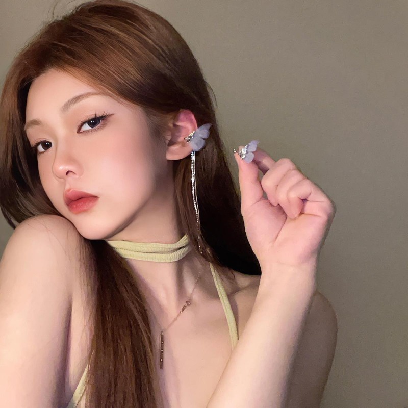 ต่างหูแบบหนีบ รูปผีเสื้อ สีฟ้า สไตล์เกาหลี สําหรับผู้หญิง