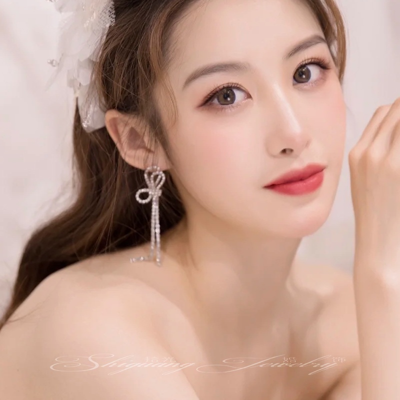 ต่างหูโบว์ ประดับเพชร สไตล์เกาหลี สําหรับผู้หญิง