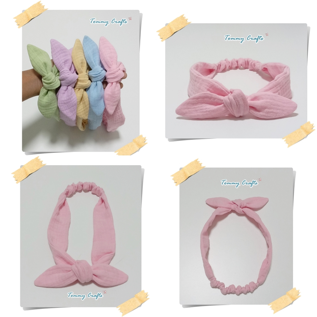 ผ้าคาดผมโบว์ผ้าฝ้ายอัดยับ ไซส์ผู้ใหญ่/เด็ก สีหวาน เขียว/ม่วง/เหลือง/ฟ้า/ชมพู cotton Hairbands