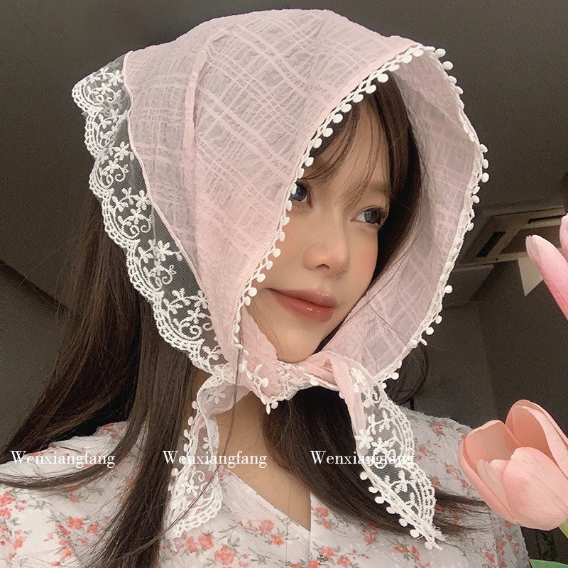 ผ้าพันคอ ผ้าคลุมศีรษะ ทรงสามเหลี่ยม แต่งลูกไม้ ลายดอกไม้ สีชมพู สไตล์ฝรั่งเศส