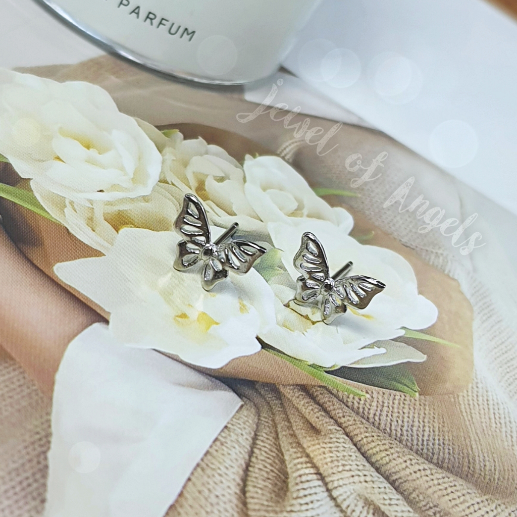 [พร้อมส่ง] ต่างหูก้านเงิน S925 ต่างหูก้านเสียบ รูปผีเสื้อ ลายฉลุ สีเงิน Silver925
