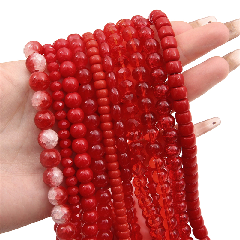 ลูกปัดแก้ว สีแดง สีพื้น สีโปร่งใส สําหรับทําเครื่องประดับ งานฝีมือ DIY