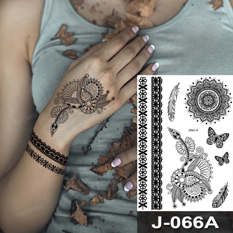 สติกเกอร์รอยสักชั่วคราว ลายลูกไม้ สีดํา กันน้ํา สไตล์อินเดีย สําหรับผู้หญิง
